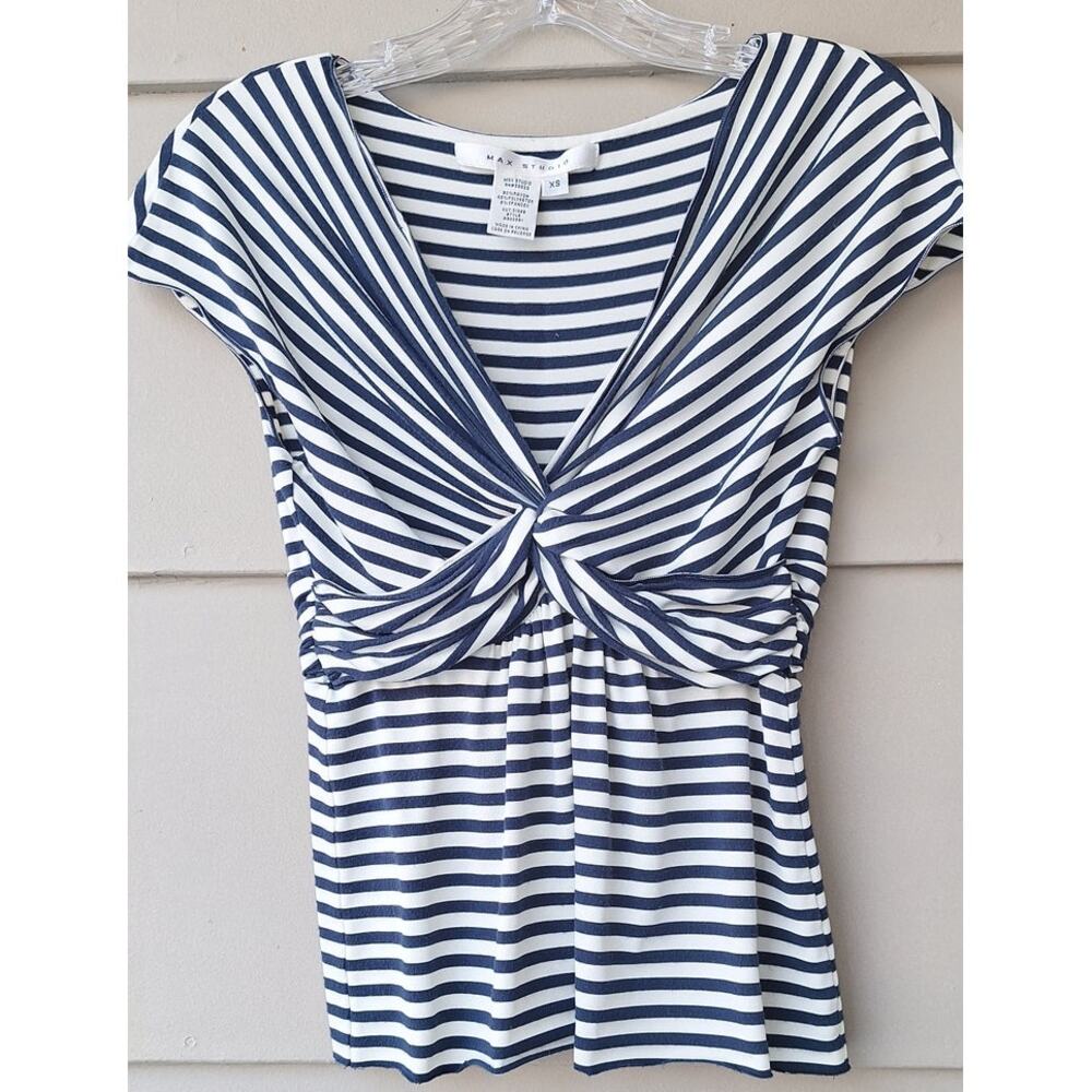 Max Studio Y2K 90's Twist Cap Sleeves Top  V neck Paris Stripe Blue White XS